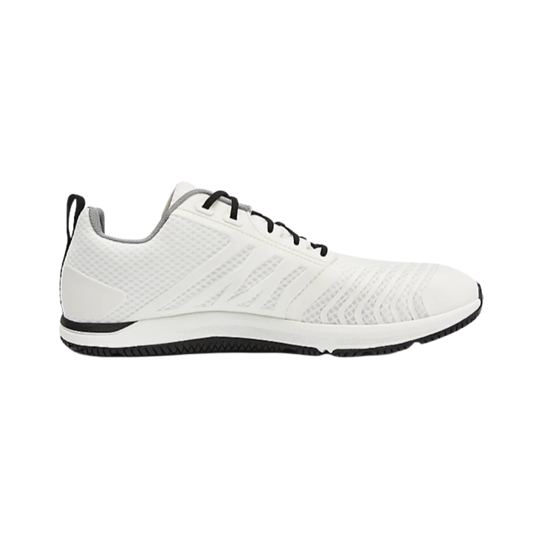 Altra Men’s Solstice XT 2 Cross-Training Shoe in White side view showcasing the breathable athletic upper, zero drop platform, foot-shaped toe box, dual-density midsole, and durable rubber outsole designed for stability, natural movement, and versatile workout performance.
