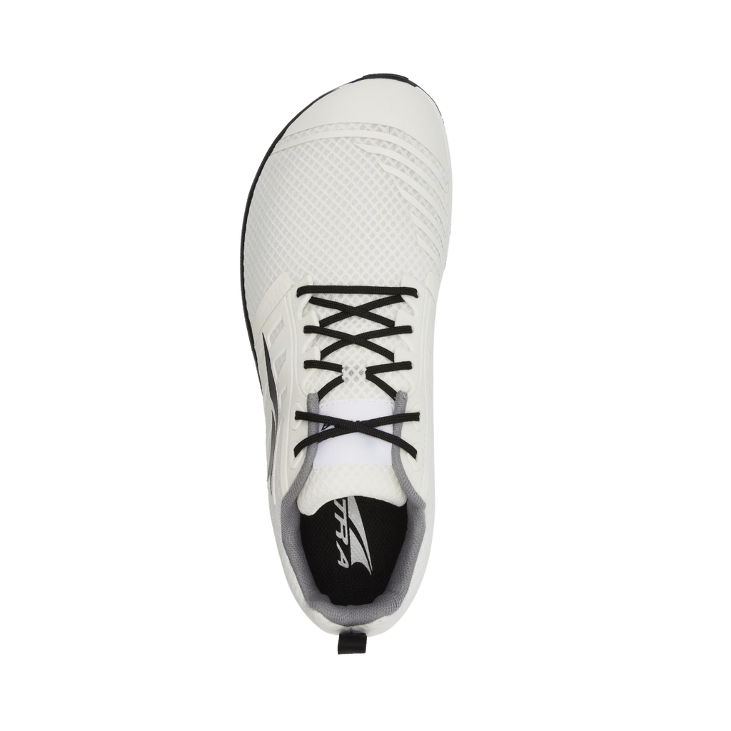 Altra Men’s Solstice XT 2 Cross-Training Shoe in White top view showcasing the breathable mesh upper, adjustable laces, padded tongue, spacious foot-shaped toe box, and comfortable interior designed for natural foot positioning during workouts.