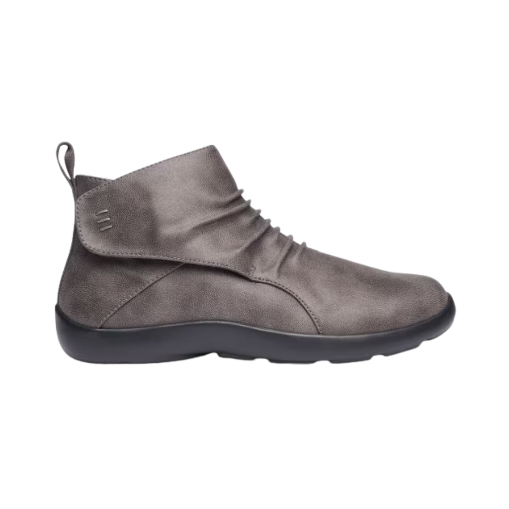 Anodyne Women’s #91 Casual Boot Therapeutic Shoe in Grey side view showcasing the vegan leather upper, ankle-height boot design, adjustable hook-and-loop strap closure, padded collar, extra-depth construction, supportive heel counter, and lightweight outsole designed for all-day orthopedic comfort.