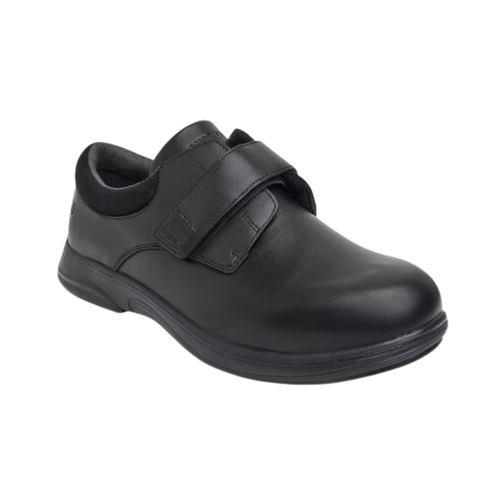 Anodyne Men’s #88 Casual Double Depth Therapeutic Shoe in Black side view showcasing the premium leather upper, double-depth construction, padded collar and tongue, extra-wide design, removable dual-layer insoles, and slip-resistant outsole built for diabetic foot care and everyday comfort.