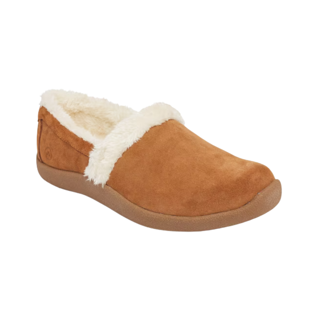 Anodyne Women’s #21 Slipper Smooth Toe in Camel side view showcasing the ultra-soft microfiber upper, cozy therapeutic slipper design, extra-depth construction, removable orthopedic insole, and lightweight slip-resistant rubber outsole built for sensitive feet and everyday indoor comfort.