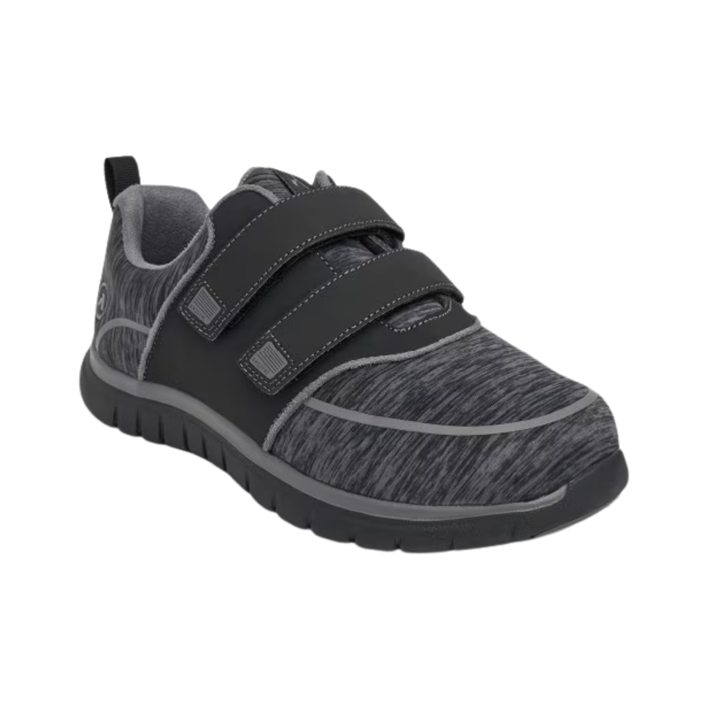 Anodyne Women’s #77 Sport Double Depth Therapeutic Shoe in Black/Grey side view showcasing the breathable mesh upper, double-depth orthopedic construction, supportive heel counter, cushioned midsole, dual removable insoles, and slip-resistant rubber outsole designed for diabetic foot care and all-day comfort.