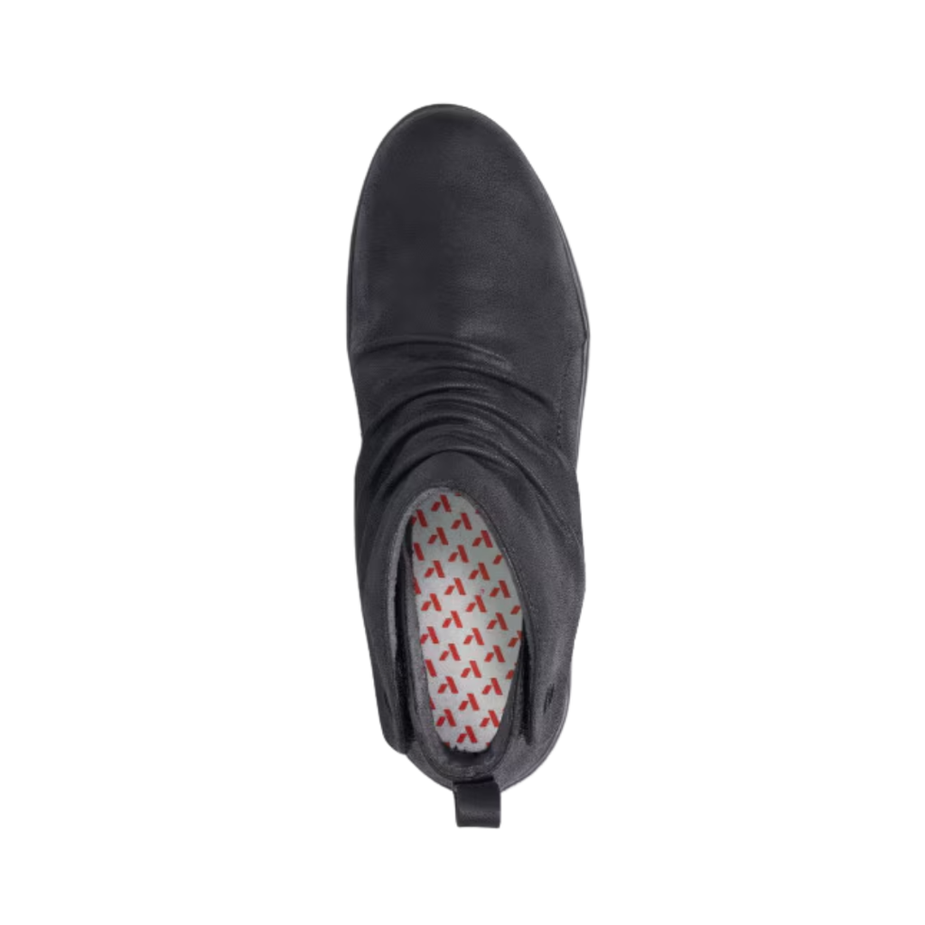 Anodyne Women’s #91 Casual Boot Therapeutic Shoe in Black top view showcasing the sleek vegan leather upper, adjustable hook-and-loop strap, padded tongue and collar, seamless microfiber lining, extra-depth interior, and removable insole designed to accommodate custom orthotics.