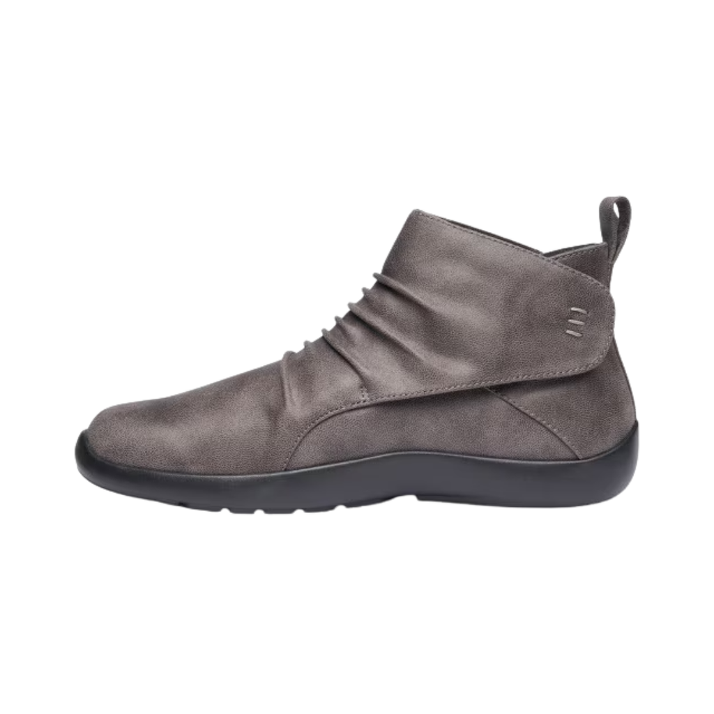Anodyne Women’s #91 Casual Boot Therapeutic Shoe in Grey side view showcasing the vegan leather upper, ankle-height boot design, adjustable hook-and-loop strap closure, padded collar, extra-depth construction, supportive heel counter, and lightweight outsole designed for all-day orthopedic comfort.