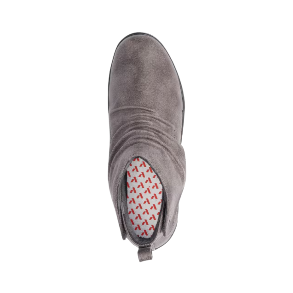 Anodyne Women’s #91 Casual Boot Therapeutic Shoe in Grey top view showcasing the sleek vegan leather upper, adjustable hook-and-loop strap, padded tongue and collar, seamless microfiber lining, extra-depth interior, and removable insole designed to accommodate custom orthotics.