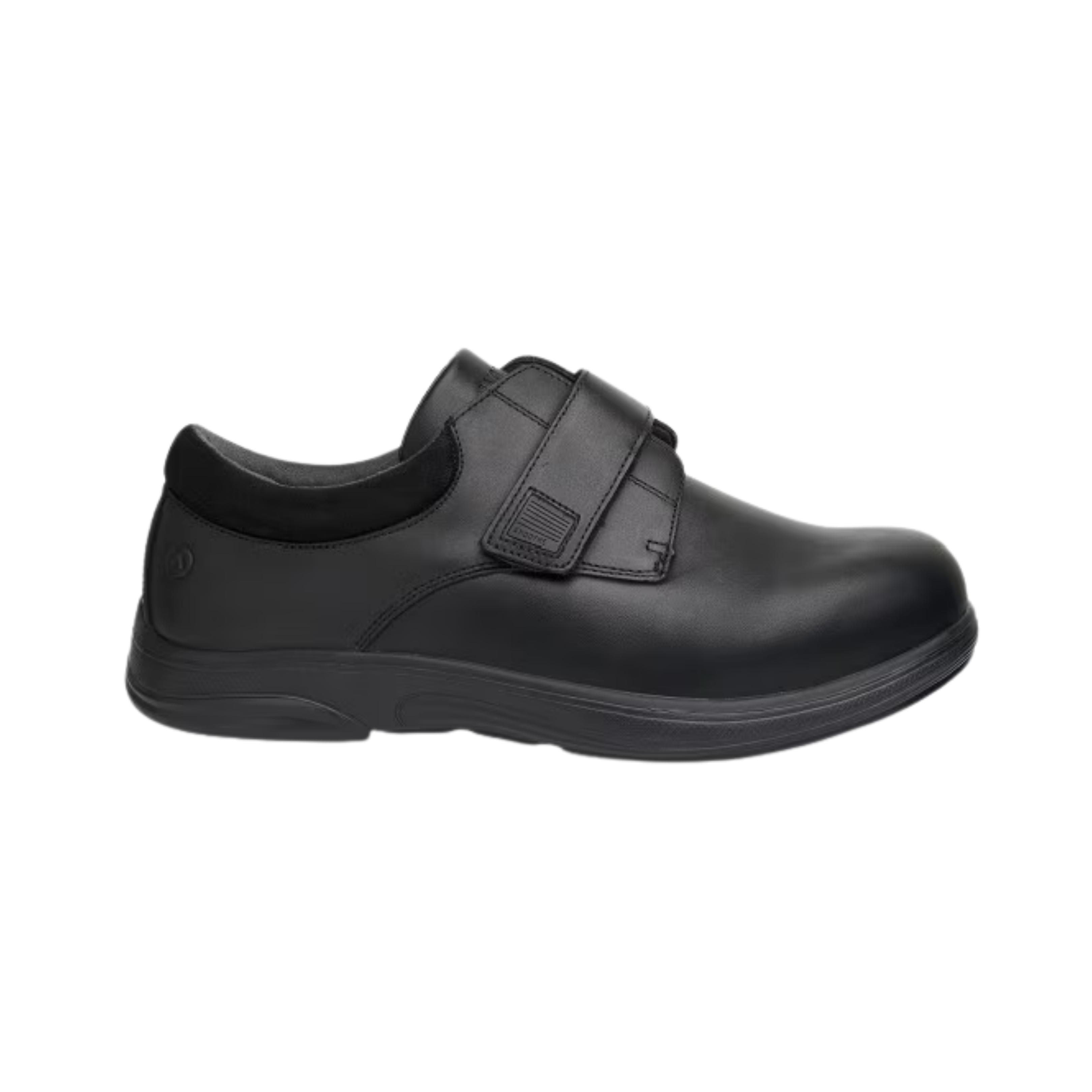 Anodyne Men’s #88 Casual Double Depth Therapeutic Shoe in Black side view showcasing the premium leather upper, double-depth construction, padded collar and tongue, extra-wide design, removable dual-layer insoles, and slip-resistant outsole built for diabetic foot care and everyday comfort.