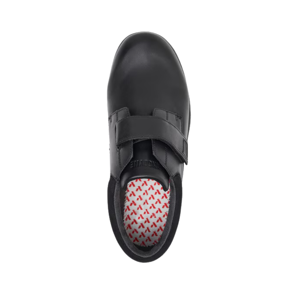 Anodyne Men’s #88 Casual Double Depth Therapeutic Shoe in Black top view showcasing the premium leather upper, adjustable lace-up system, padded tongue, seamless interior lining, and removable dual-layer insoles designed for custom orthotics, braces, and personalized support.