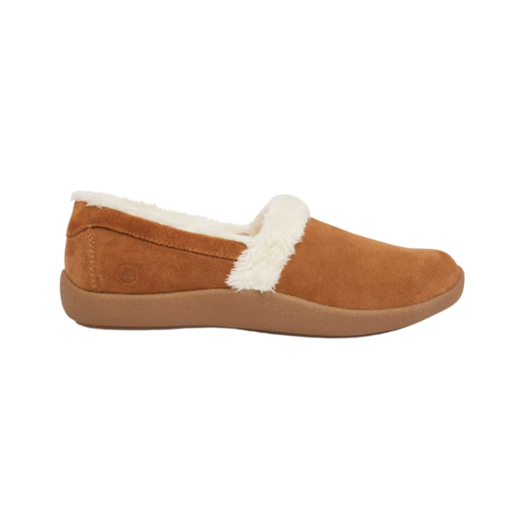 Anodyne Women’s #21 Slipper Smooth Toe in Camel side view showcasing the ultra-soft microfiber upper, cozy therapeutic slipper design, extra-depth construction, removable orthopedic insole, and lightweight slip-resistant rubber outsole built for sensitive feet and everyday indoor comfort.