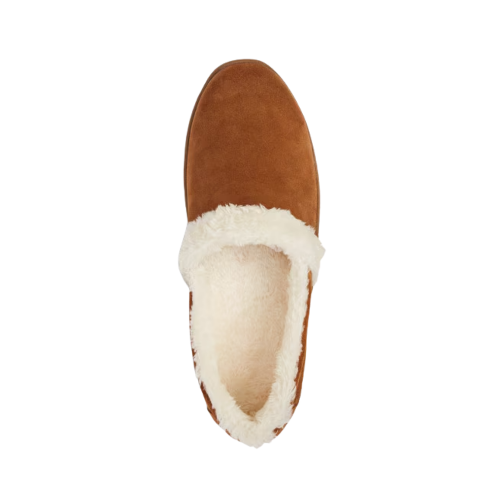 Anodyne Women’s #21 Slipper Smooth Toe in Camel top view showcasing the cozy microfiber upper, easy slip-on opening, smooth toe design, extra-depth interior, and removable orthopedic insole designed for arch support, cushioning, and customizable comfort.