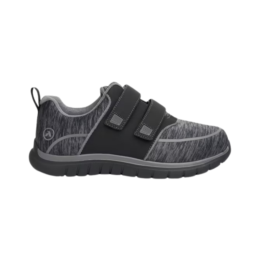 Anodyne Women’s #77 Sport Double Depth Therapeutic Shoe in Black/Grey side view showcasing the breathable mesh upper, double-depth orthopedic construction, supportive heel counter, cushioned midsole, dual removable insoles, and slip-resistant rubber outsole designed for diabetic foot care and all-day comfort.