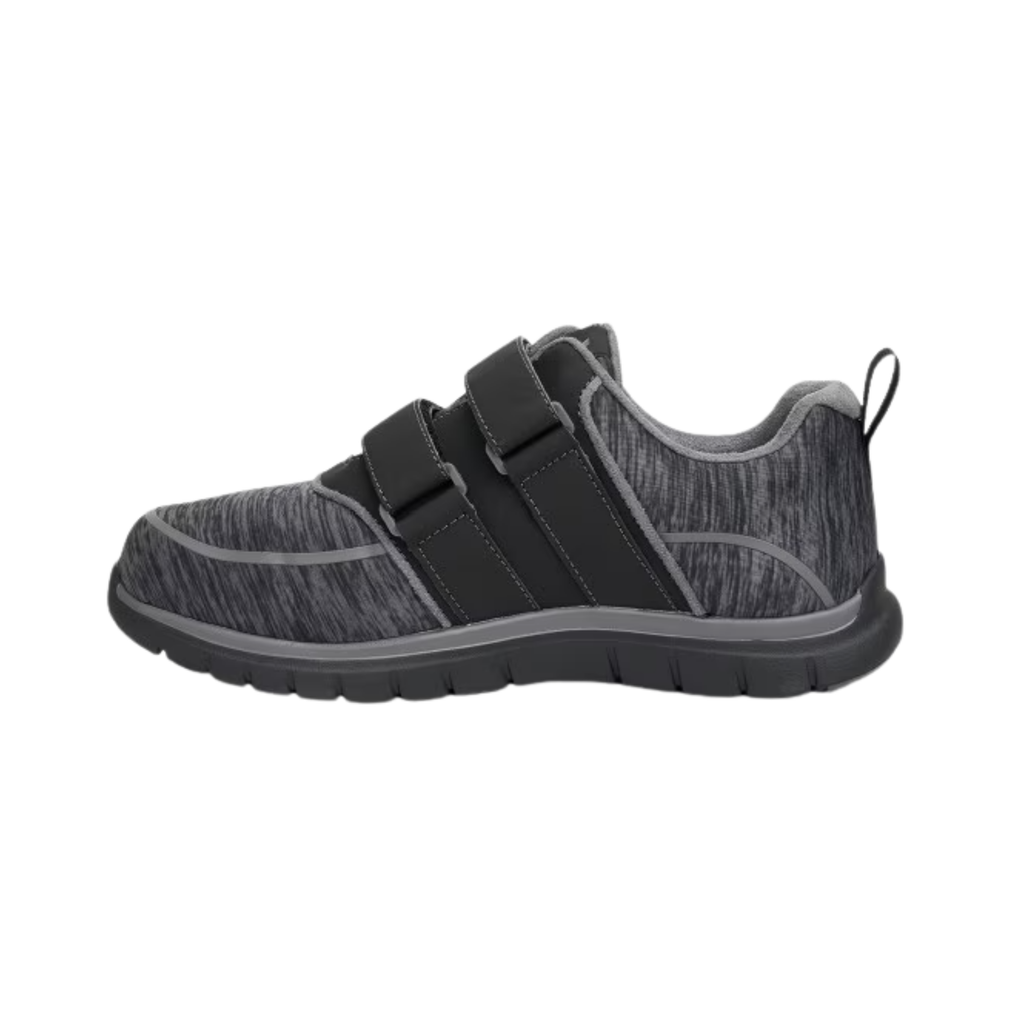 Anodyne Women’s #77 Sport Double Depth Therapeutic Shoe in Black/Grey side view showcasing the breathable mesh upper, double-depth orthopedic construction, supportive heel counter, cushioned midsole, dual removable insoles, and slip-resistant rubber outsole designed for diabetic foot care and all-day comfort.
