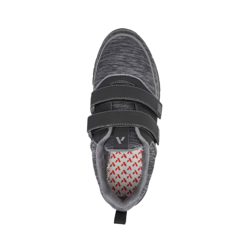 Anodyne Women’s #77 Sport Double Depth Therapeutic Shoe in Black/Grey top view showcasing the breathable mesh upper, adjustable laces, padded seamless interior lining, extra-depth opening, and dual removable insoles designed for personalized orthopedic support and AFO compatibility.