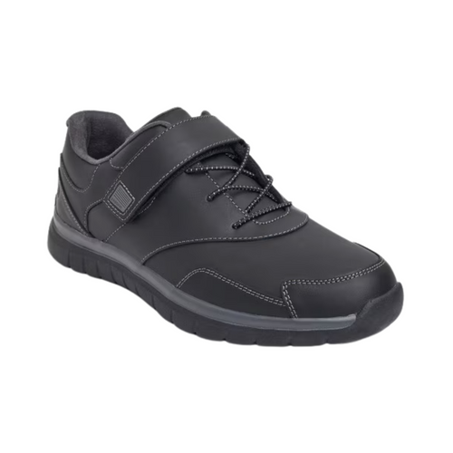 Anodyne Men’s Sport Walker Orthopedic Shoe in Black side view showcasing the extra-wide XW fit, seamless protective upper, lightweight breathable construction, supportive heel counter, padded collar, and slip-resistant rubber outsole designed for diabetic-friendly comfort and orthopedic foot support.
