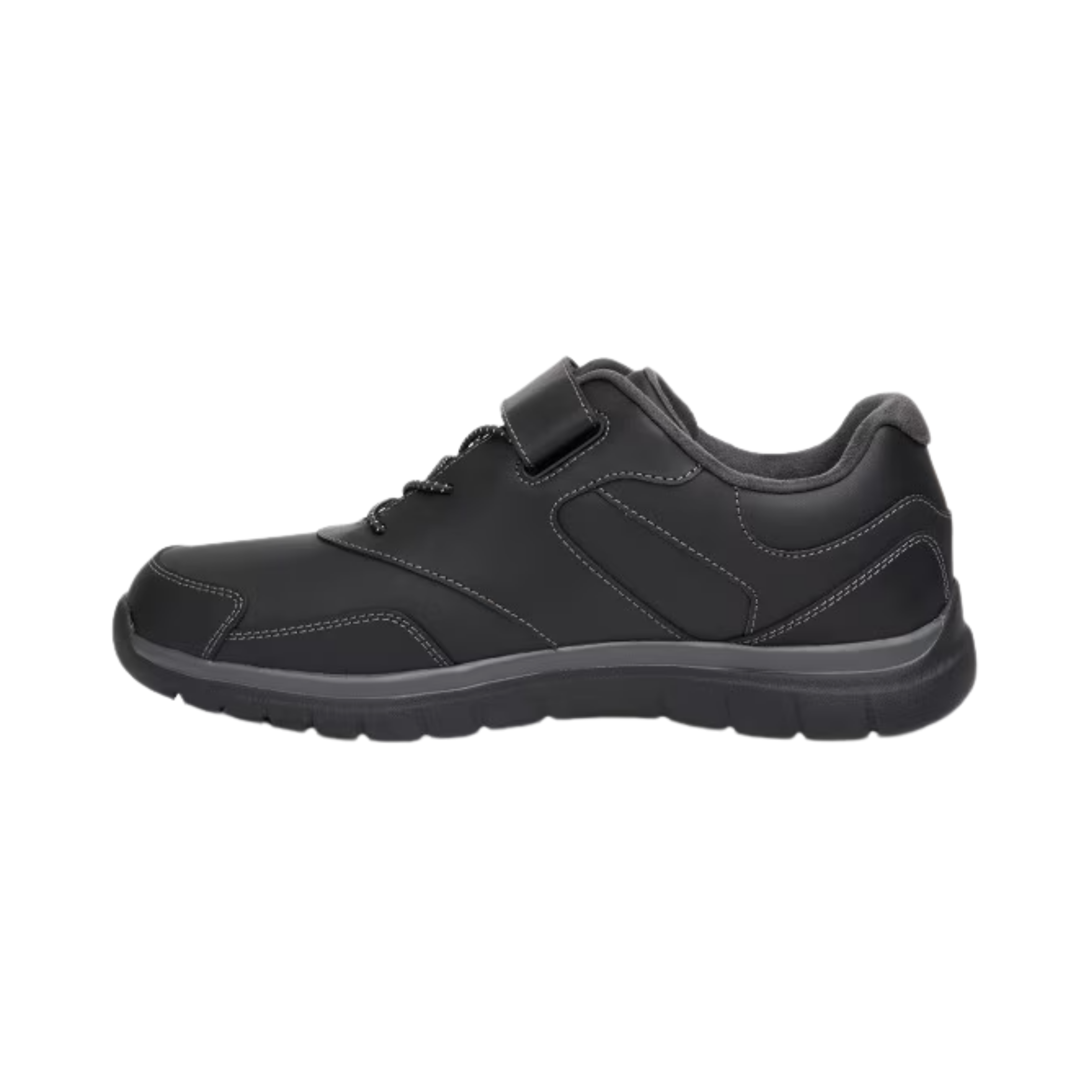 Anodyne Men’s Sport Walker Orthopedic Shoe in Black side view showcasing the extra-wide XW fit, seamless protective upper, lightweight breathable construction, supportive heel counter, padded collar, and slip-resistant rubber outsole designed for diabetic-friendly comfort and orthopedic foot support.