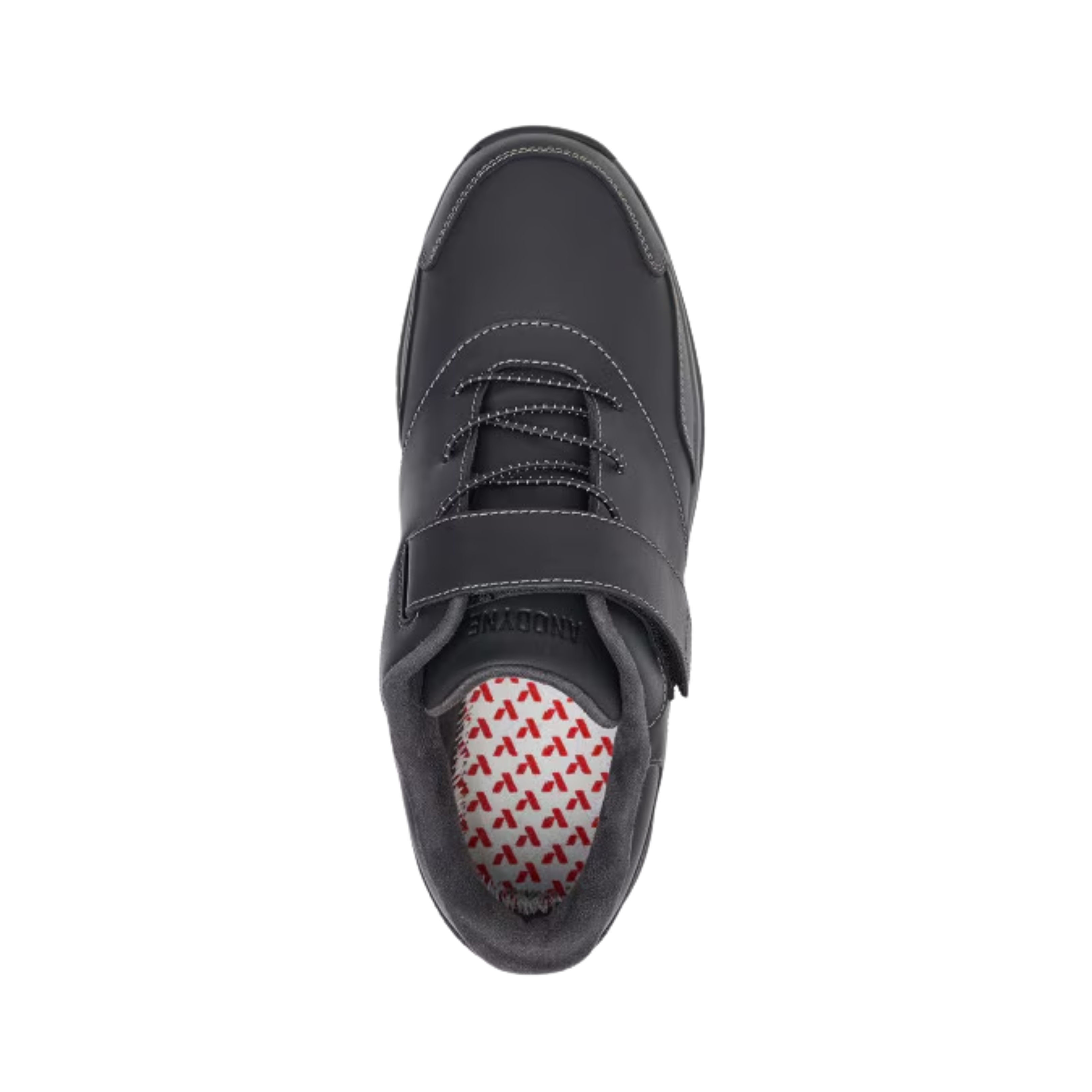 Anodyne Men’s Sport Walker Orthopedic Shoe in Black top view showcasing the breathable lightweight upper, secure lace-up closure, extra-depth interior, padded tongue and collar, and dual removable insoles designed to accommodate custom orthotics and personalized foot support.
