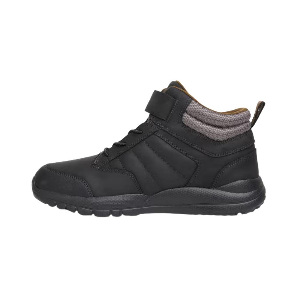 Anodyne Men’s Trail Boot #56 Diabetic Therapeutic Boot in Oil Black side view showcasing the full-grain leather upper, rugged trail-inspired design, extra-depth construction, padded ankle support, shock-absorbing midsole, and slip-resistant rubber outsole built for stability and all-day comfort.