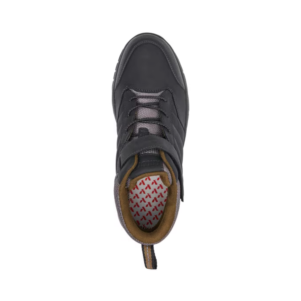Anodyne Men’s Trail Boot #56 Diabetic Therapeutic Boot in Oil Black top view showcasing the full-grain leather upper, lace-up system, padded tongue and collar, seam-free protective interior lining, and extra-depth foot opening designed for custom inserts and diabetic foot support.