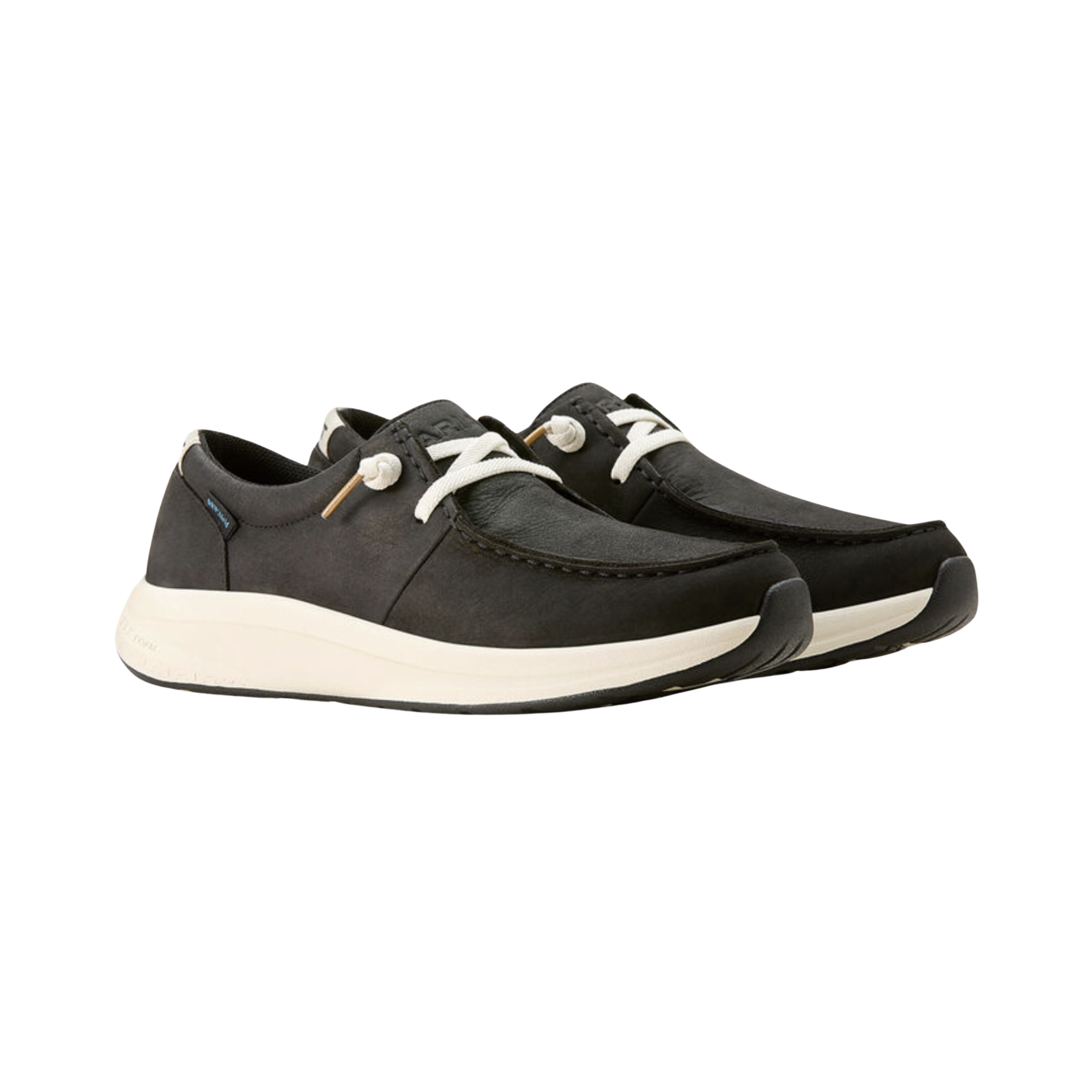 Ariat Women’s Buckeye Waterproof Casual Shoe in Satin Black side view showcasing the premium two-tone leather upper, Waterproof PRO™ construction, elastic gore entry, shock-absorbing EVA midsole, and slip-resistant rubber outsole designed for all-day comfort, durability, and versatile everyday wear.