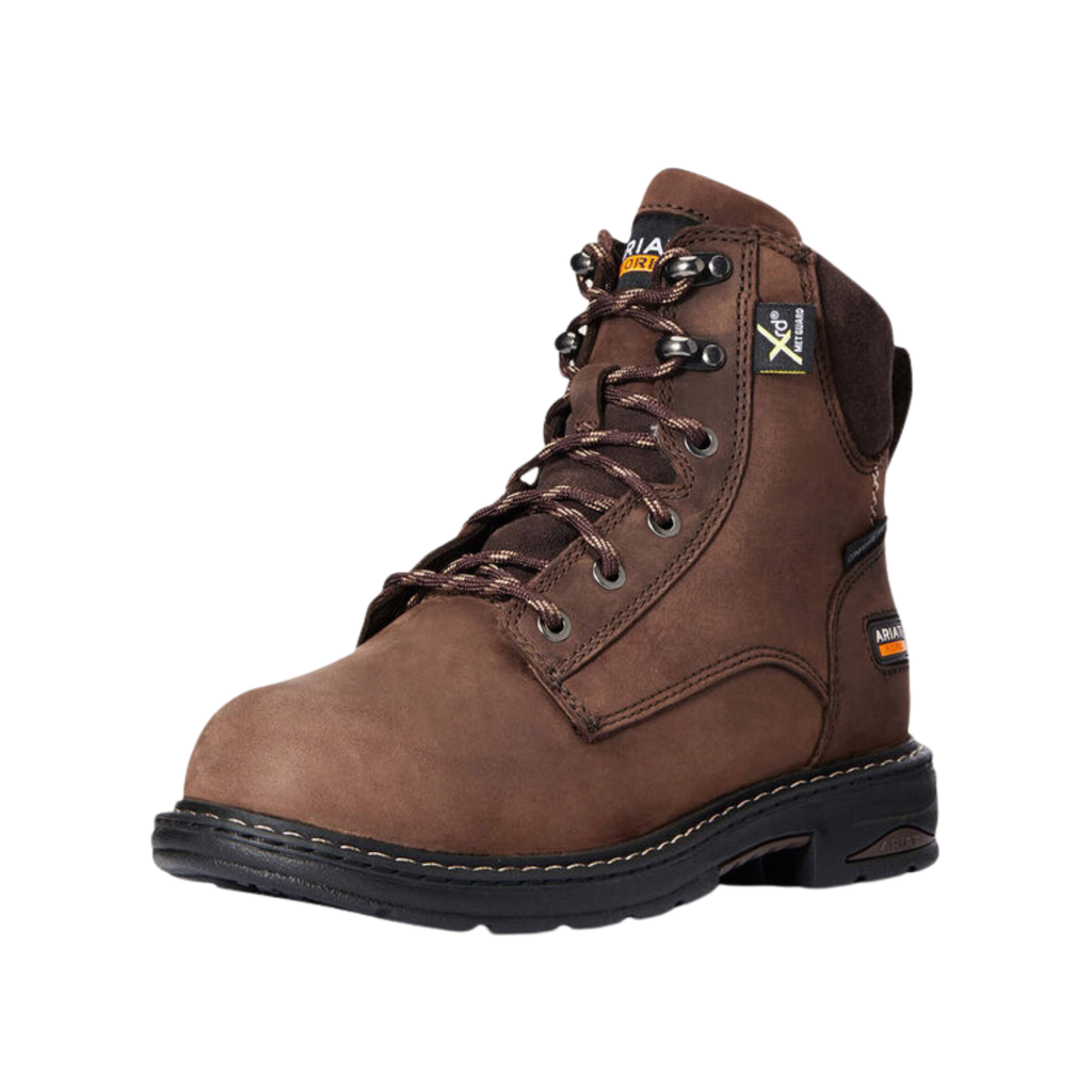 Ariat Women’s Casey 6" MetGuard Composite Toe Boot in Oily Distressed Brown side view showcasing the full-grain leather upper, 6-inch supportive shaft, lace-up design, internal MetGuard protection, composite safety toe, shock-absorbing EVA midsole, and Duratread™ slip- and oil-resistant outsole built for demanding work environments.