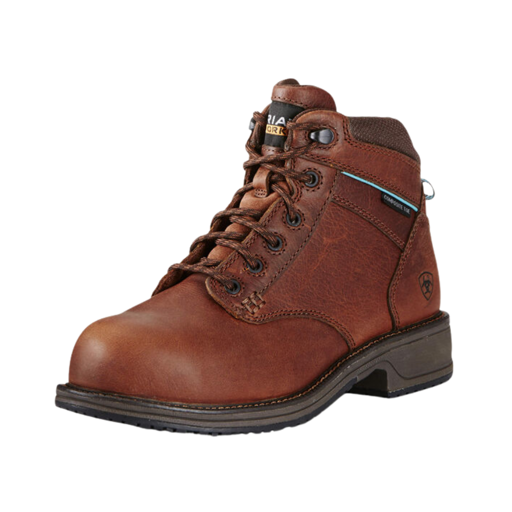 Ariat Women’s Casual Work Mid Composite Toe Boot in Nutty Brown side view showcasing the durable leather upper, mid-height work boot silhouette, composite toe protection, 4LR Technology cushioning, lightweight EVA midsole, 90-degree heel, and oil- and slip-resistant outsole designed for comfortable, secure performance on the job.