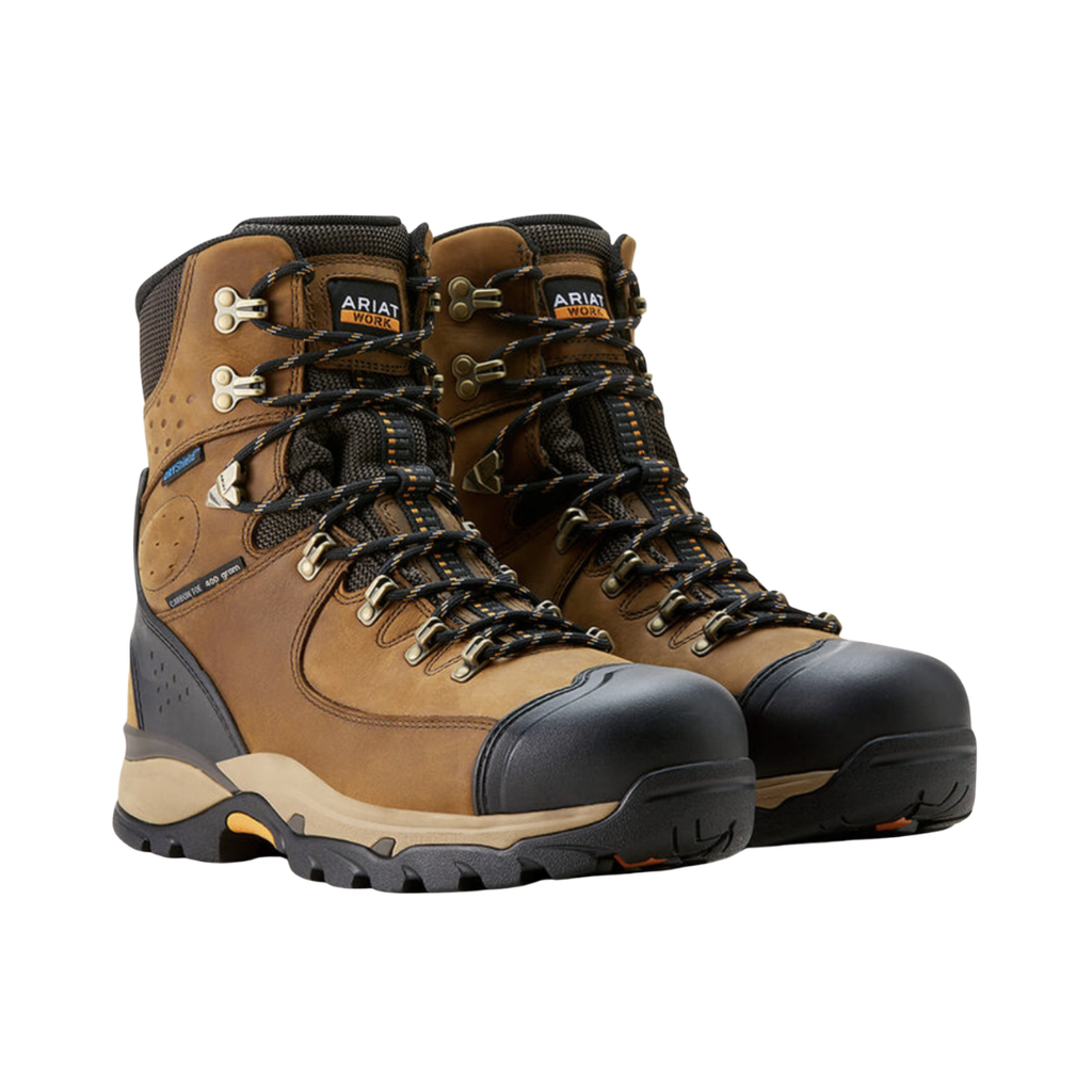 Ariat Men’s Endeavor 8" Waterproof Carbon Toe Work Boot in Dusted Brown side view showcasing the full-grain leather upper, 8-inch supportive shaft, carbon safety toe protection, waterproof construction, shock-absorbing cushioning, and slip-resistant outsole designed for demanding job sites and all-day comfort.