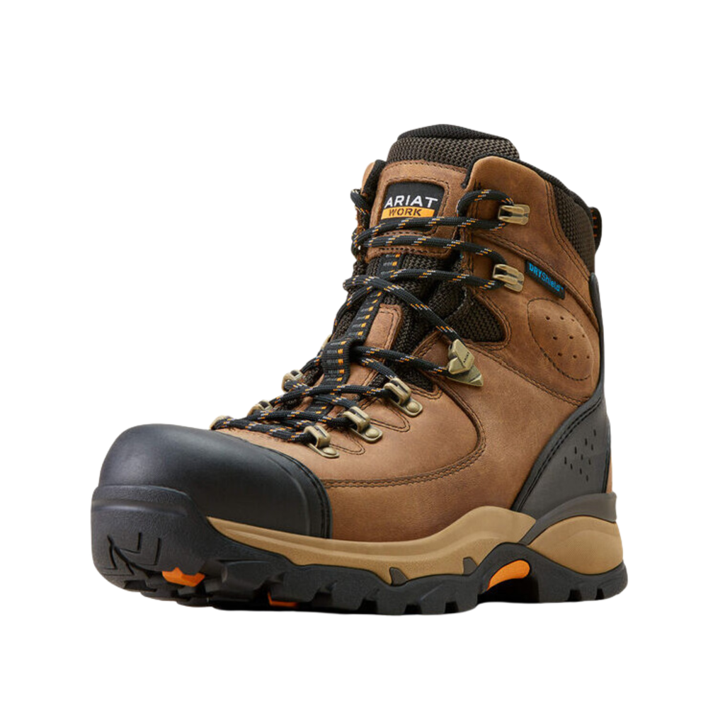 Ariat Men’s Endeavor Waterproof 6" Boot in Dusted Brown side view showcasing the full-grain leather upper, 6-inch ankle support shaft, Waterproof PRO™ construction, cushioned midsole, and Duratread™ oil- and slip-resistant outsole designed for durable comfort on the job, trails, and everyday wear.