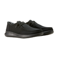 Ariat Men’s Hilo Slip-On Shoe in Solid Black side view showcasing the breathable black fabric upper, low-profile slip-on silhouette, dual elastic side goring, lightweight EVA midsole, and flexible rubber outsole designed for casual comfort and everyday support.