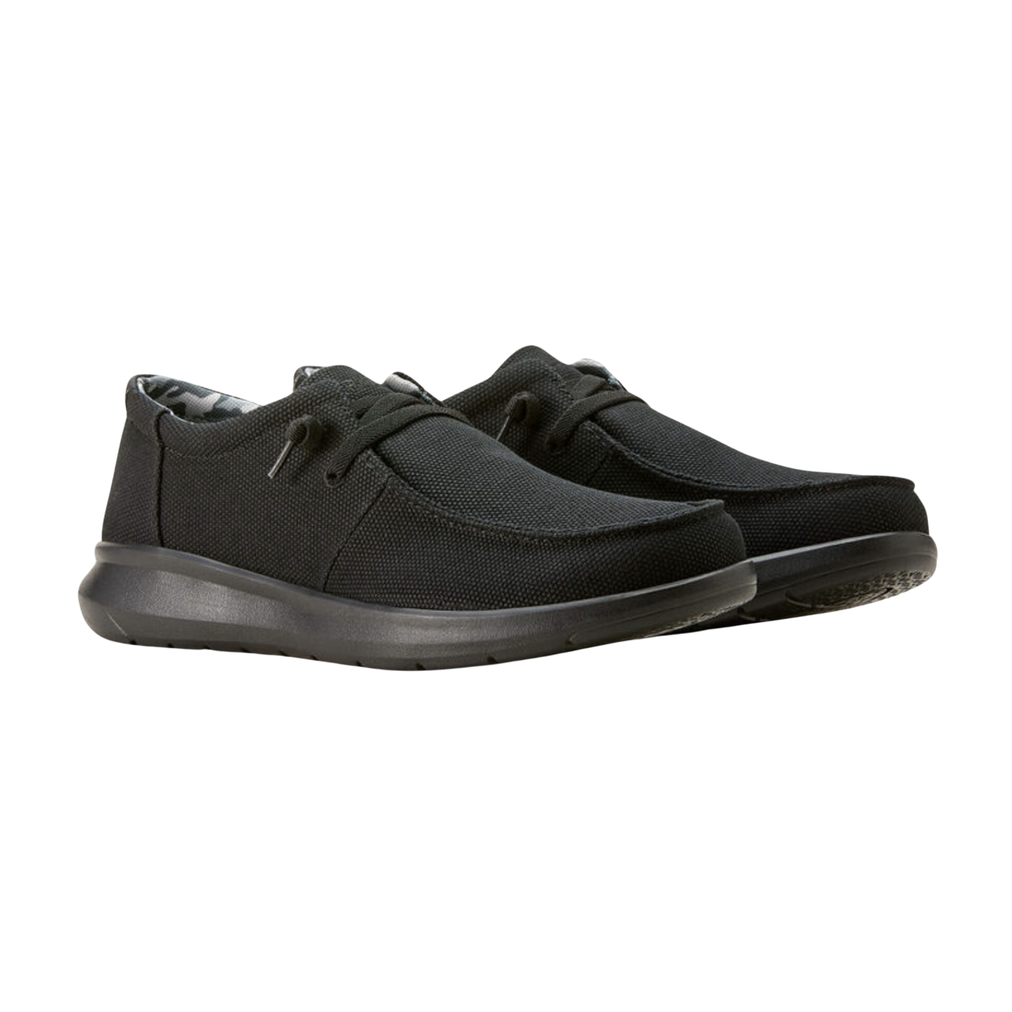 Ariat Men’s Hilo Slip-On Shoe in Solid Black side view showcasing the breathable black fabric upper, low-profile slip-on silhouette, dual elastic side goring, lightweight EVA midsole, and flexible rubber outsole designed for casual comfort and everyday support.