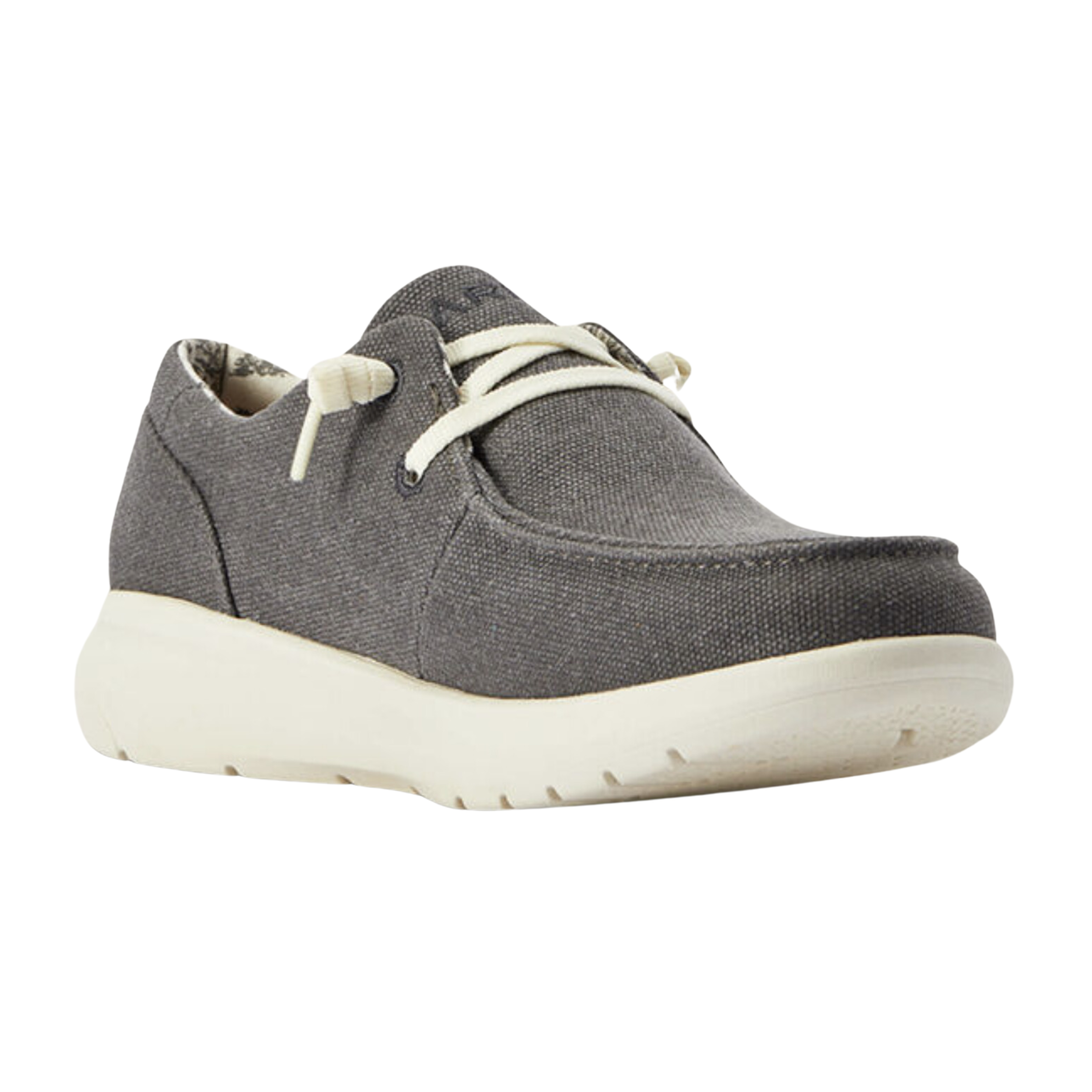 Ariat Women’s Hilo Slip-On Shoe in Washed Black side view showcasing the breathable black fabric upper, low-profile slip-on silhouette, dual elastic side goring, lightweight EVA midsole, and flexible rubber outsole designed for casual comfort and everyday support.