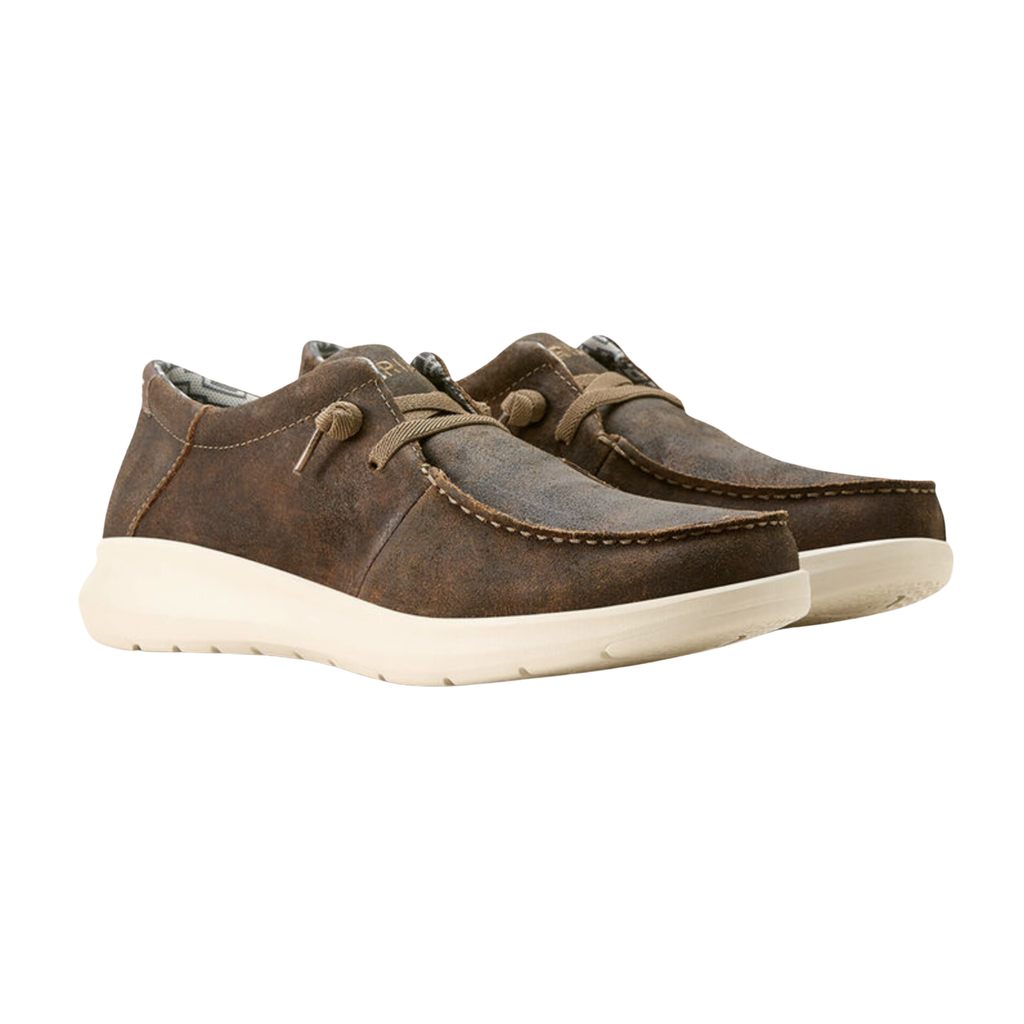 Ariat Men’s Hilo Slip-On Shoe in Western Brown side view showcasing the breathable black fabric upper, low-profile slip-on silhouette, dual elastic side goring, lightweight EVA midsole, and flexible rubber outsole designed for casual comfort and everyday support.