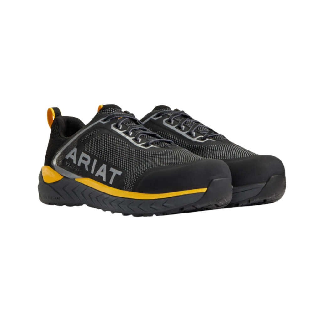 Ariat Men’s Outpace SD Composite Toe Safety Shoe in Charcoal side view showcasing the breathable mesh upper, abrasion-resistant overlays, athletic-inspired safety shoe design, FLX Foam midsole, composite toe protection, and oil- and slip-resistant outsole built for demanding work environments.