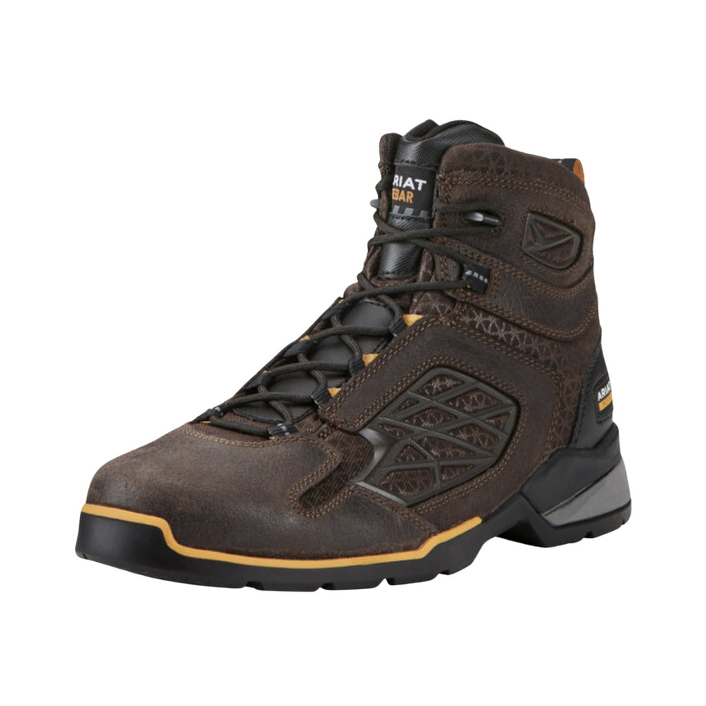 Ariat Men’s Rebar Flex 6" Composite Toe Work Boot in Chocolate Brown side view showcasing the durable leather work boot upper, 6-inch ankle support shaft, lightweight flexible construction, composite safety toe protection, shock-absorbing cushioning, and rugged outsole designed for demanding job sites.