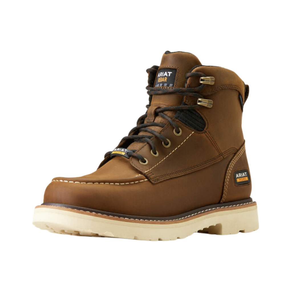 Ariat Men’s Rebar Lift 6" Waterproof Work Boot in Distressed Brown side view showcasing the premium full-grain leather upper, 6-inch ankle support shaft, Waterproof PRO™ construction, FLX Foam™ cushioning midsole, and oil- and slip-resistant outsole designed for rugged jobsite performance and all-day comfort.