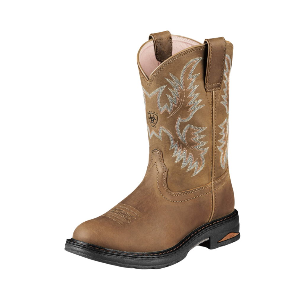 Ariat Women’s Tracey Pull-On Composite Toe Boot in Dusted Brown side view showcasing the full-grain leather upper, classic 10-inch western pull-on silhouette, Waterproof PRO™ construction, composite safety toe, EVA cushioning midsole, and Duratread™ oil- and slip-resistant outsole built for durable comfort and jobsite performance.
