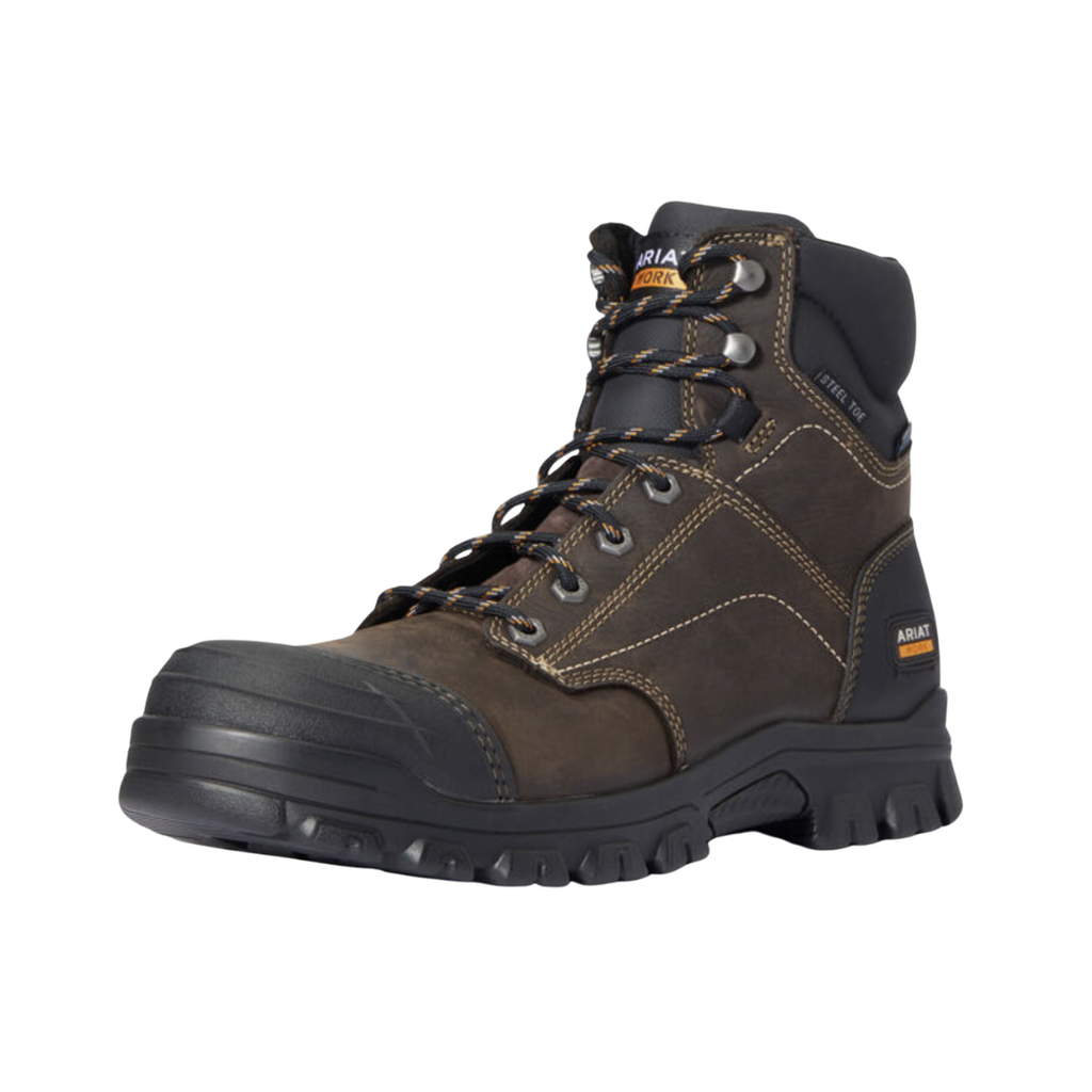 Ariat Men’s Treadfast 6" Waterproof Steel Toe Work Boot in Dark Brown side view showcasing the durable leather upper, 6-inch ankle support shaft, waterproof construction, protective steel safety toe, rugged midsole, and slip-resistant outsole designed for demanding jobsite performance and all-day comfort.