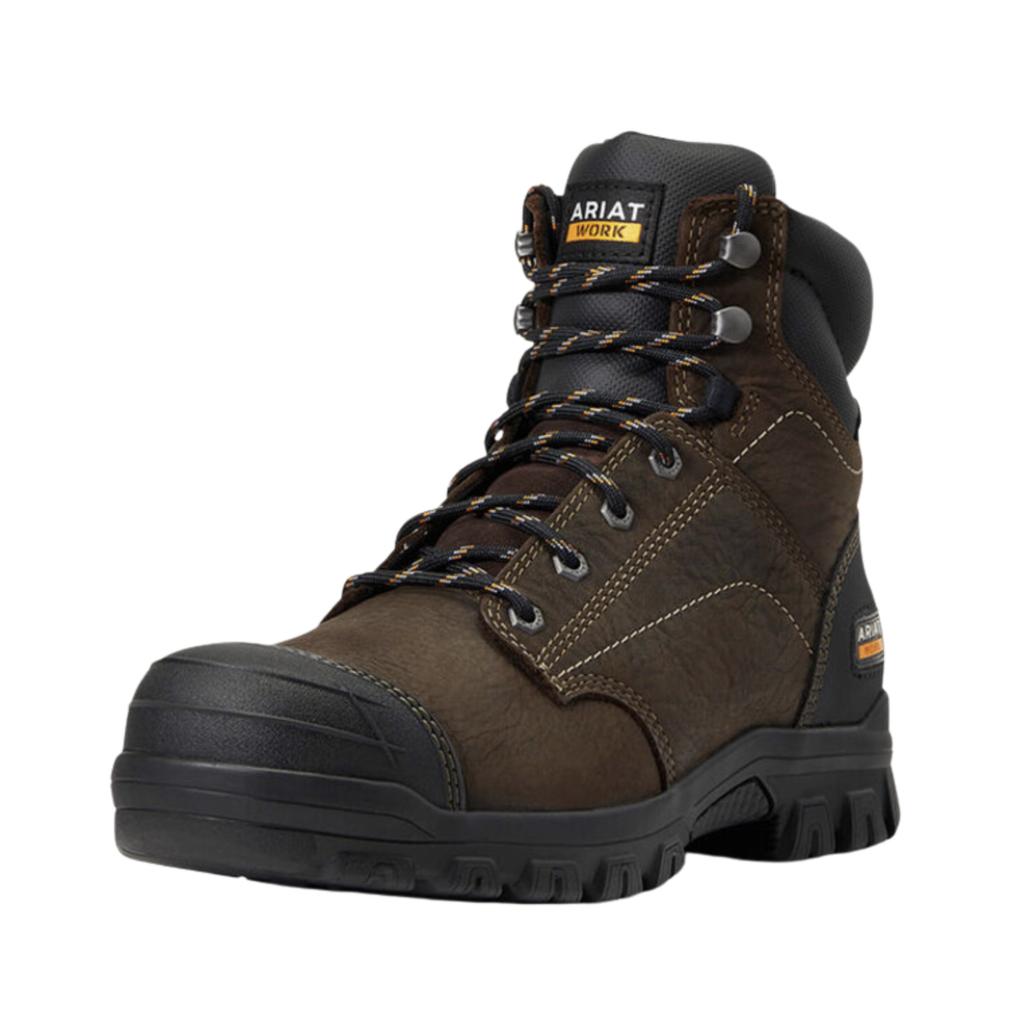 Ariat Treadfast 6" Waterproof Steel Toe Work Boot in Dark Brown side view showcasing the durable leather upper, 6-inch ankle support shaft, waterproof construction, protective steel safety toe, rugged midsole, and slip-resistant outsole designed for demanding jobsite performance and all-day comfort.