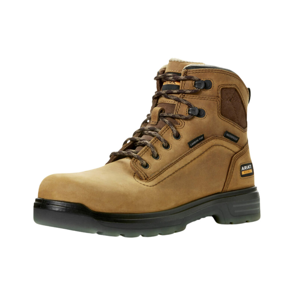 Ariat Men’s Turbo 6" Waterproof Carbon Toe Work Boot in Aged Bark side view showcasing the premium full-grain leather upper, 6-inch ankle support shaft, Waterproof PRO™ construction, carbon safety toe, Shock Shield® technology, and Bantamweight™ oil- and slip-resistant outsole designed for lightweight jobsite performance.