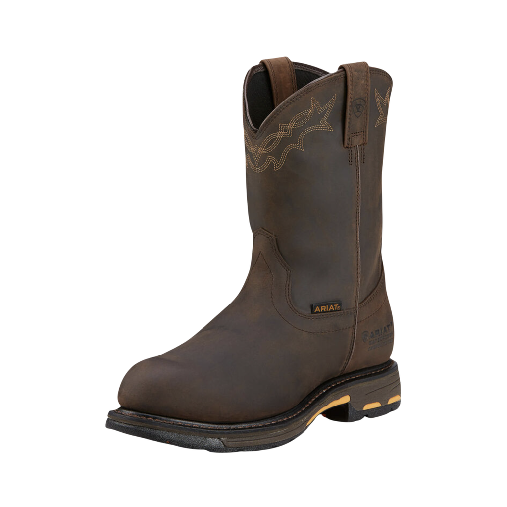 Ariat Men’s WorkHog H2O Pull-On Composite Toe Wellington Boot in Oily Distressed Brown side view showcasing the rugged leather 10-inch pull-on western design, composite safety toe protection, wide 2E fit, supportive heel, and ASTM-rated slip-resistant outsole built for demanding work environments.