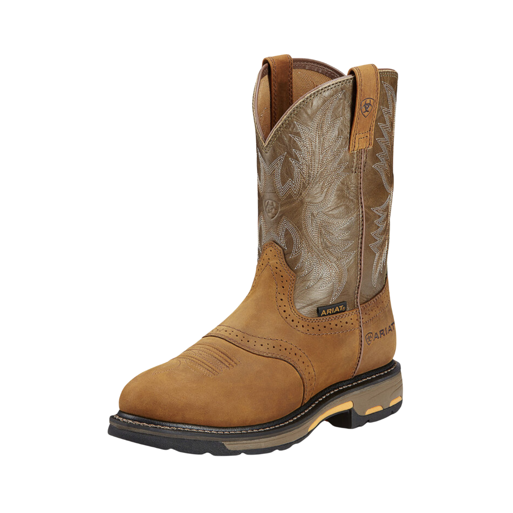 Ariat Men’s WorkHog Pull-On Soft Toe Wellington Boot in Aged Bark side view showcasing the durable leather 10-inch pull-on western design, soft toe construction, wide 2E fit, supportive heel, and ASTM-rated slip-resistant outsole built for ranch work, outdoor labor, and demanding job environments.