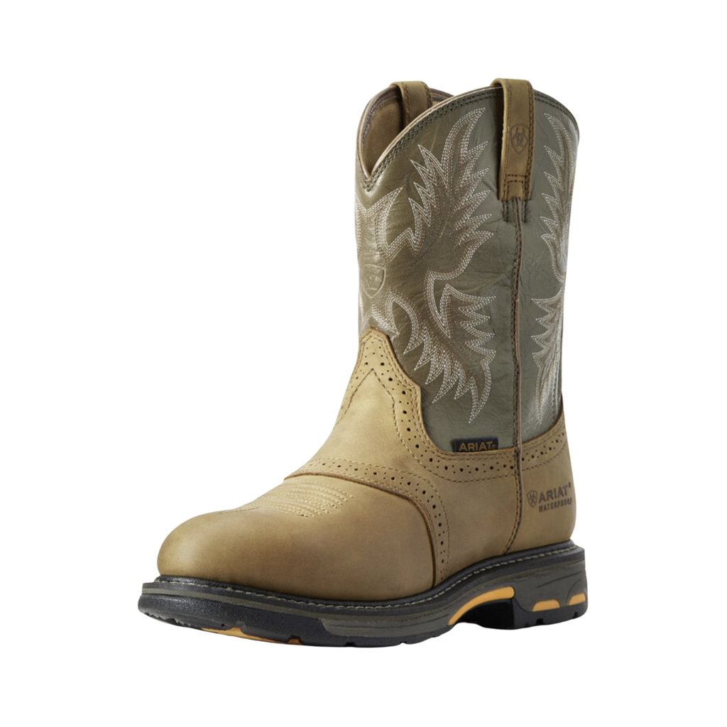 Ariat Men’s WorkHog® H2O Composite Toe Wellington Boot in Aged Bark side view showcasing the premium full-grain leather 10-inch pull-on construction, waterproof design, ATS MAX® technology, external heel protector, EVA cushioning midsole, and Duratread™ oil- and slip-resistant outsole built for rugged work environments.