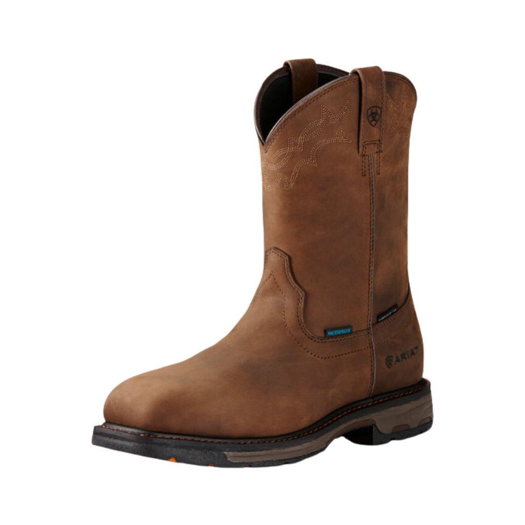 Ariat Men’s WorkHog Wellington H2O Composite Toe Boot in Oily Distressed Brown side view showcasing the premium leather 10-inch Wellington silhouette, DRYShield waterproof construction, ATS Max Technology, U-Turn Entry System, Goodyear Welt construction, and oil- and slip-resistant outsole designed for demanding work environments.