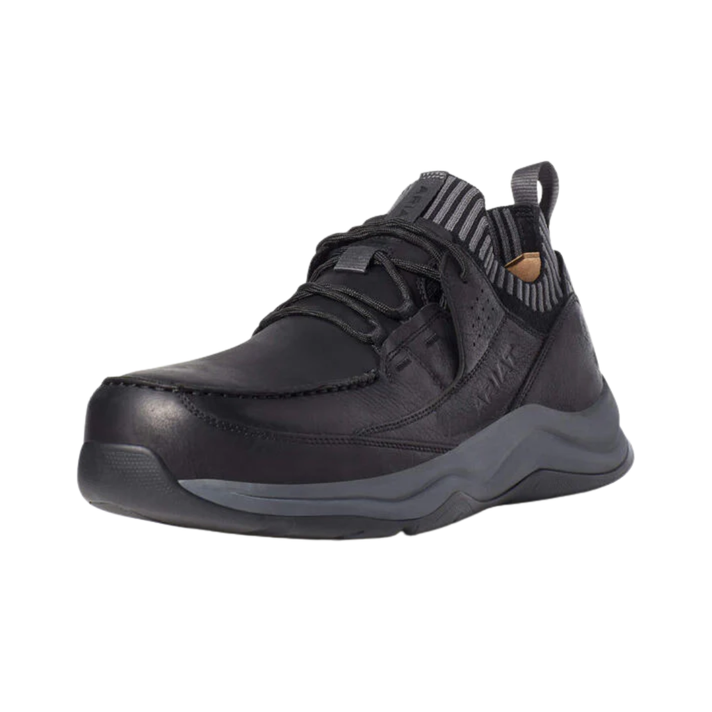 Ariat Men’s Working Mile Composite Toe Safety Shoe in Black side view showcasing the sleek athletic-inspired work shoe design, durable black upper, lightweight FLX Foam midsole, composite toe protection, and oil- and slip-resistant outsole built for long shifts in industrial and warehouse environments.