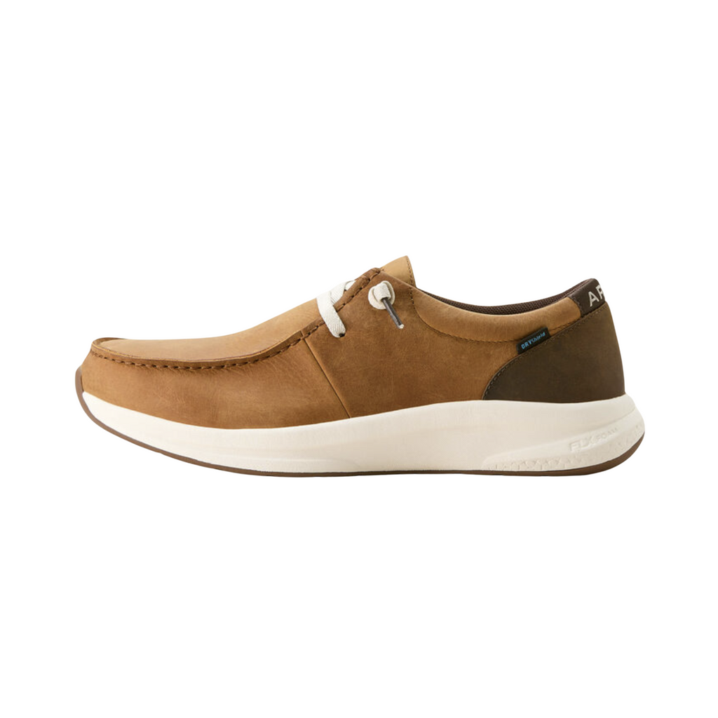 Ariat Men’s Buckeye Waterproof Casual Shoe in Sunset Wheat/Dark Coffee side view showcasing the premium two-tone leather upper, Waterproof PRO™ construction, elastic gore entry, shock-absorbing EVA midsole, and slip-resistant rubber outsole designed for all-day comfort, durability, and versatile everyday wear.