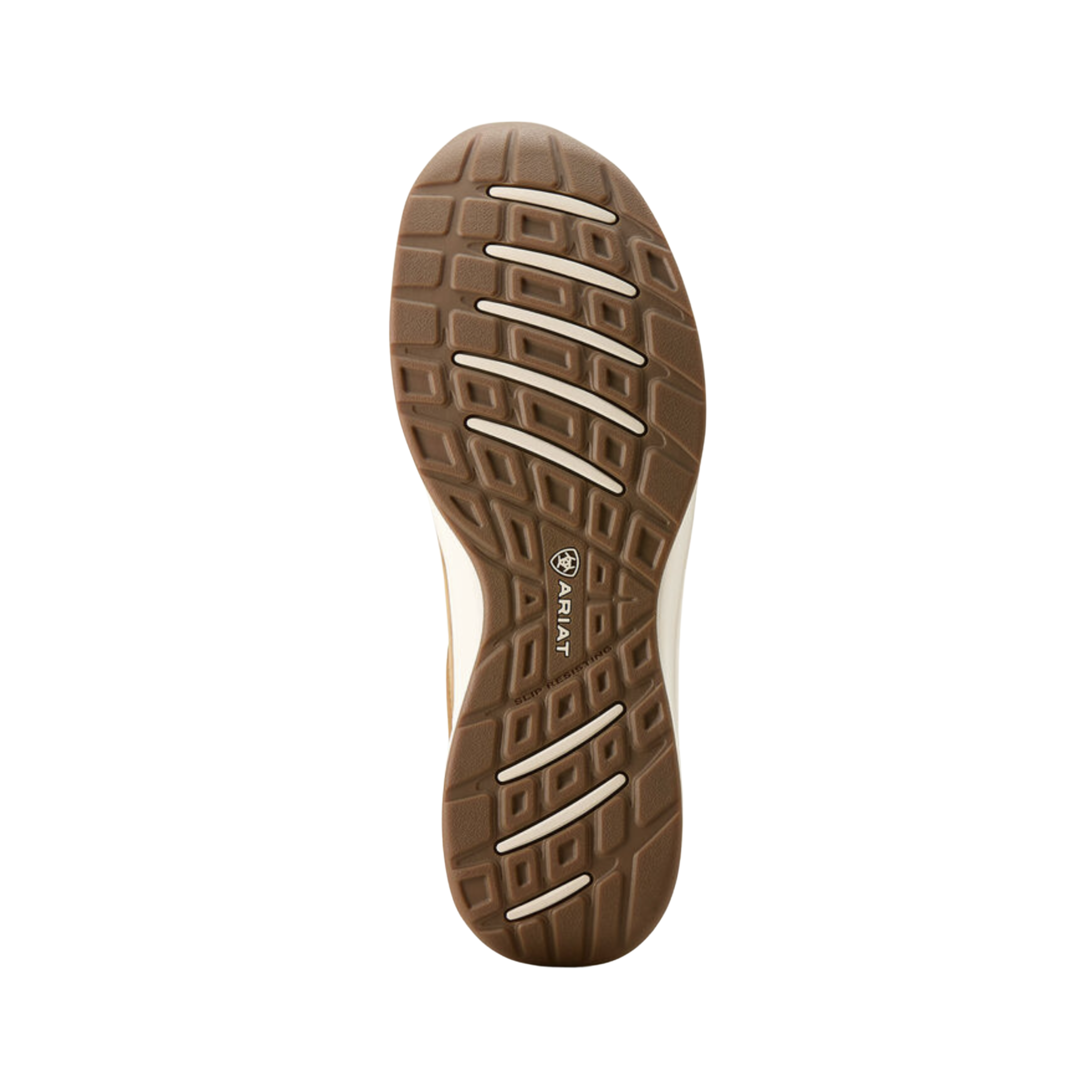 Ariat Men’s Buckeye Waterproof Casual Shoe in Sunset Wheat/Dark Coffee bottom view featuring the slip-resistant rubber outsole with durable multi-directional traction pattern engineered to provide dependable grip, stability, and confidence on wet, slick, and uneven surfaces.