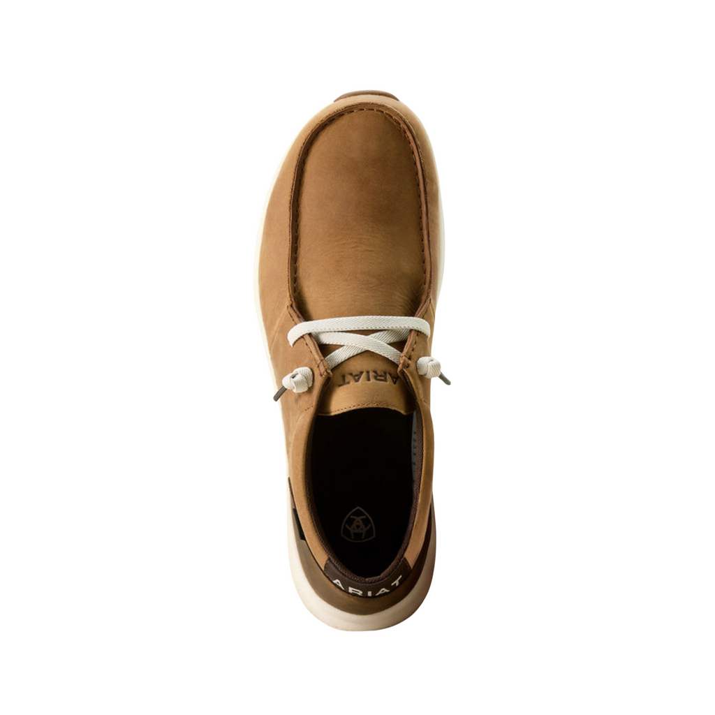 Ariat Men’s Buckeye Waterproof Casual Shoe in Sunset Wheat/Dark Coffee top view showcasing the premium leather upper, elastic gore panels for easy on and off, removable cushioned insole, spacious foot opening, and waterproof construction designed for everyday comfort and support.