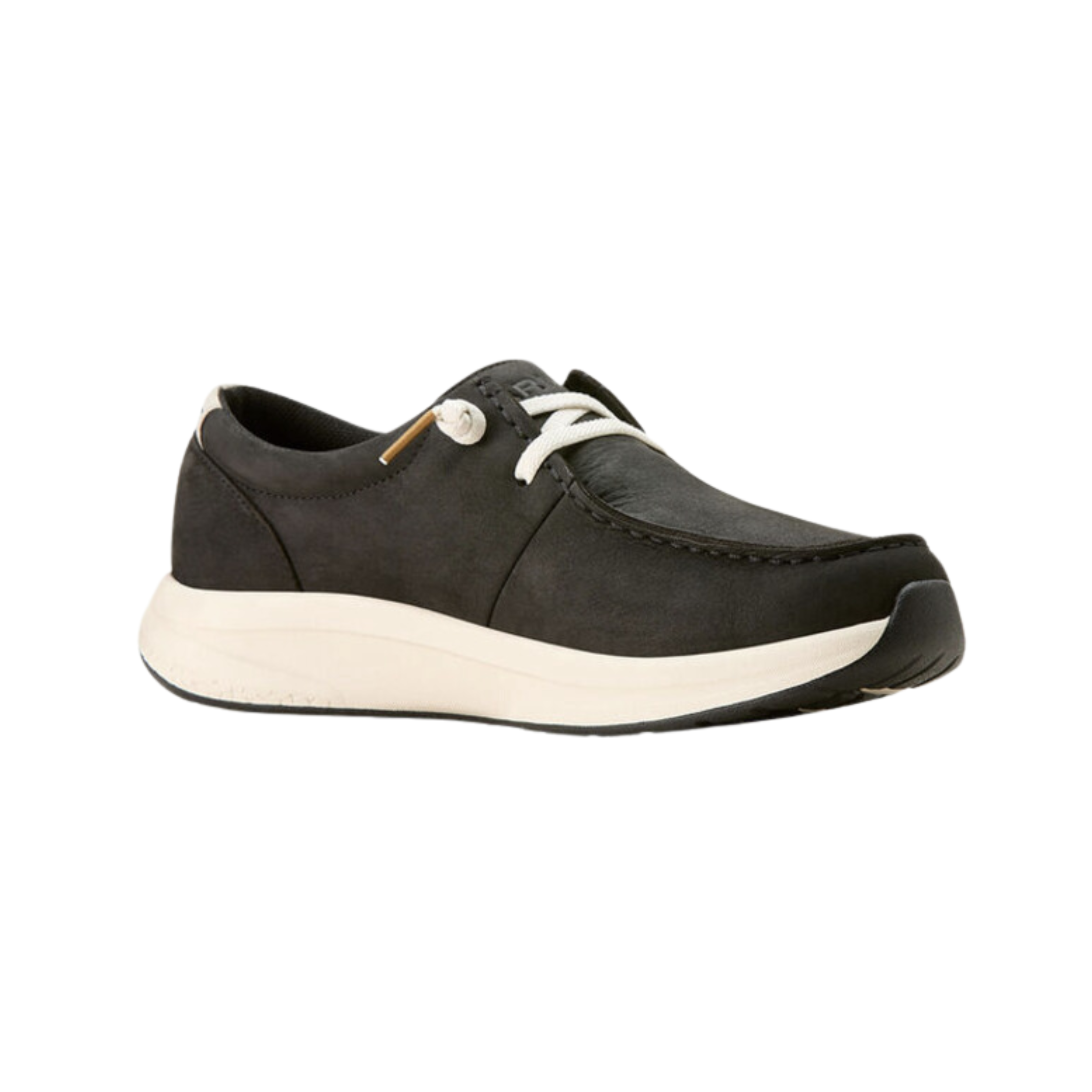 Ariat Women’s Buckeye Waterproof Casual Shoe in Satin Black side view showcasing the premium two-tone leather upper, Waterproof PRO™ construction, elastic gore entry, shock-absorbing EVA midsole, and slip-resistant rubber outsole designed for all-day comfort, durability, and versatile everyday wear.