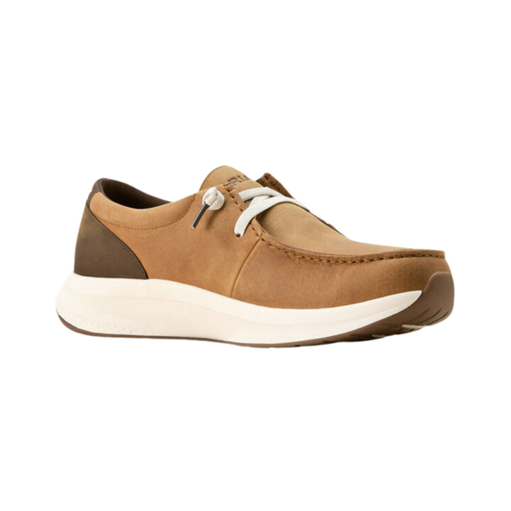 Ariat Men’s Buckeye Waterproof Casual Shoe in Sunset Wheat/Dark Coffee side view showcasing the premium two-tone leather upper, Waterproof PRO™ construction, elastic gore entry, shock-absorbing EVA midsole, and slip-resistant rubber outsole designed for all-day comfort, durability, and versatile everyday wear.