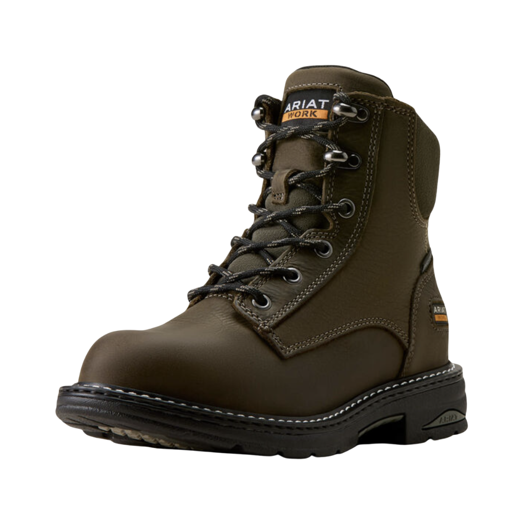 Ariat Women’s Casey 6" Composite Toe Work Boot in Shadow side view showcasing the durable western-inspired work boot design, 6-inch supportive shaft, composite safety toe protection, cushioned construction, and ASTM-rated slip-resistant outsole built for demanding job sites and all-day comfort.