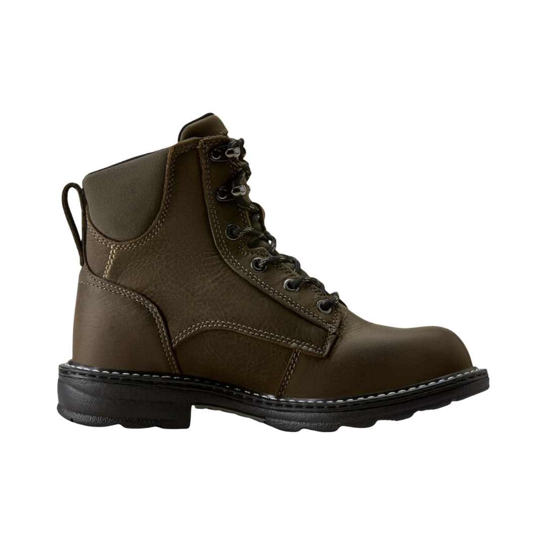 Ariat Women’s Casey 6" Composite Toe Work Boot in Shadow side view showcasing the durable western-inspired work boot design, 6-inch supportive shaft, composite safety toe protection, cushioned construction, and ASTM-rated slip-resistant outsole built for demanding job sites and all-day comfort.