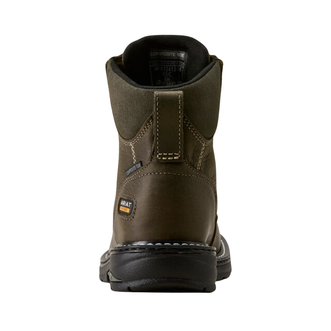 Ariat Women’s Casey 6" Composite Toe Work Boot in Shadow rear heel view displaying the supportive padded collar, reinforced heel structure, 6-inch ankle shaft, stable 1.25-inch heel, and durable outsole designed to provide balance, traction, and comfort during long workdays.